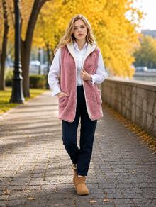 Women's Winter Fleece Vest With Reversible Hood. - Taro Purple - View 2