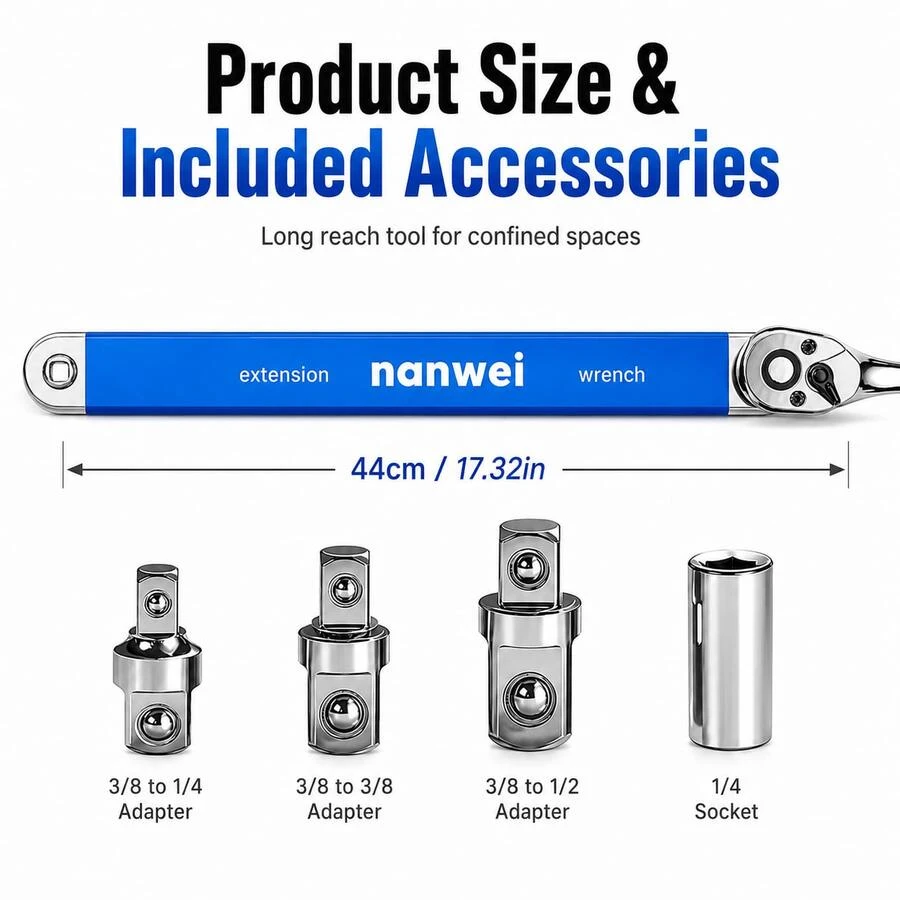 1 Set Impact Offset Extension Wrench Kit, Ratchet Extension Bar With Square Drive Adapter, Universal Tight Space Wrench Extender For Small Working Areas, Auto Repair, Home Improvement, Etc. - 1 Piece Blue - View 1