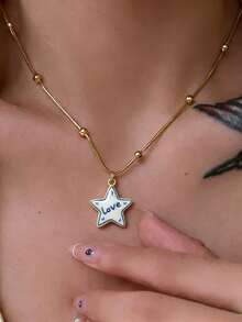 1pc Stainless Steel Chain Star Pendant Necklace LOVE Letter Oil Drop Exquisite Pendant Necklace Women's Fashion Jewelry Versatile Accessory - Multicolor - View 3