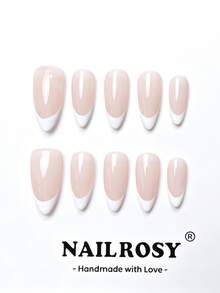 nailrosy 10片手工法式美甲穿戴甲 杏仁形 裸粉色白色尖端 亮面光澤 10片全套 - 粉色 - 查看 9