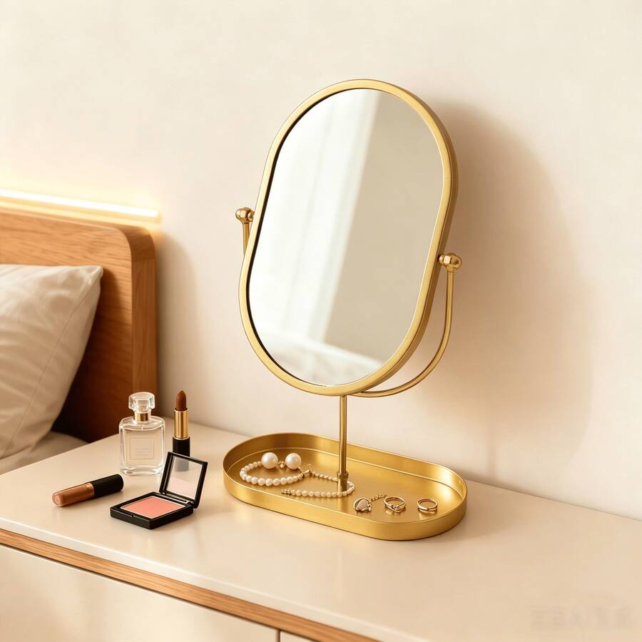 1pc European Style Bathroom Iron Art Rotating Metal Solid Color Desktop Portable Makeup Mirror, No Drilling Required - Multicolor - View 1