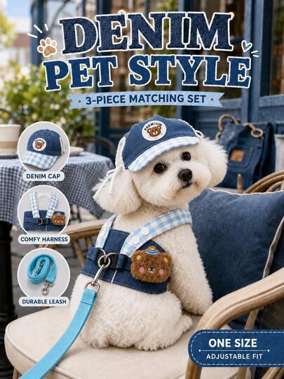 3pcs Denim Pet Outfit Set, Fashionable Dog & Cat Set Including Hat, Harness And Leash, Cute Matching Travel Outfit, Suitable For Small And Medium Pets, Perfect For Photos, Adjustable Size