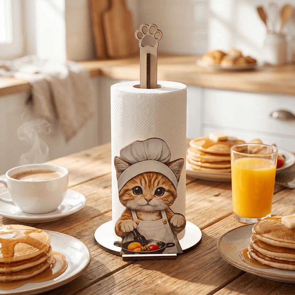 1/2pcs Cute Chef Cat Wooden Paper Towel Holder, Cat Paw Top Vertical Roll Paper Storage Rack, Suitable For Kitchen Countertop, Dining Table, Home Decor Kitchen Paper Roll Dispenser