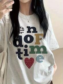 日系女款寬鬆街頭風圓領字母印花短袖T恤，夏季休閒 - 淺花灰 - 查看 2
