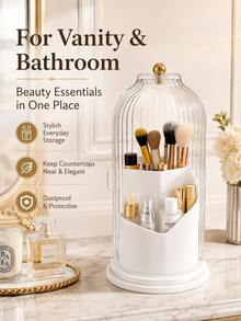 1pc 360° Rotating Makeup Brush & Cosmetics Organizer With Clear Dustproof Lid, 3-Compartment ABS Vanity Storage Caddy, Non-Slip Toothbrush & Toothpaste Holder, Space-Saving Bathroom Countertop Organizer For Home, Dorm & Apartment - View 3
