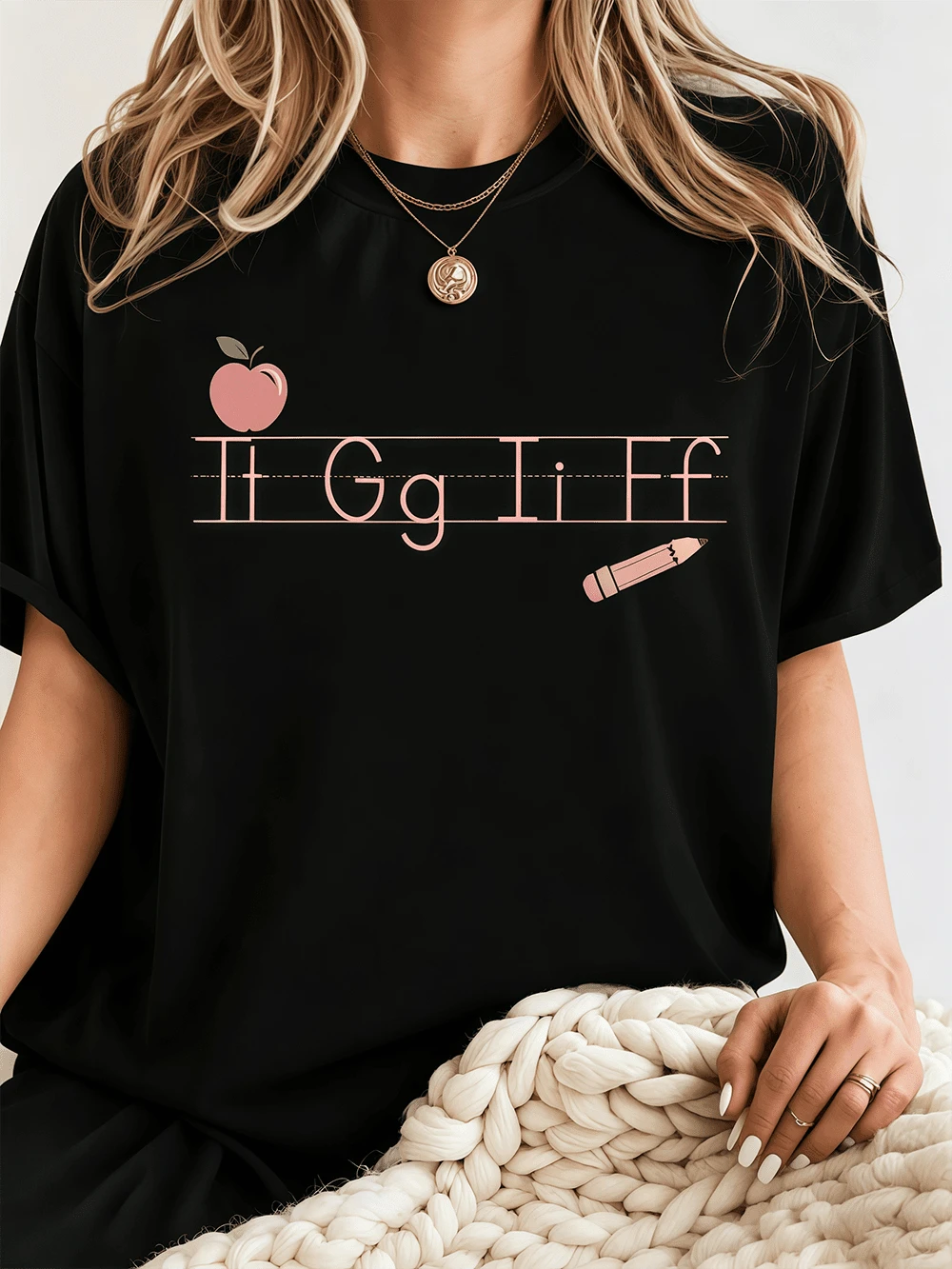 Alphabet Printed T-Shirt For Women Teacher, Classic Heavy Cotton Short Sleeve Crew Neck Top, Versatile Casual Daily Wear Tee - Schwarz 3 - Übersicht 1