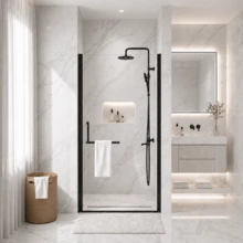 32-33.2" X 72" Semi-Frameless Pivot Shower Door 6mm 1/4" Tempered Glass 1.2inch Adjustable Width Reversible Installation Matte Black - Black + Glass + Aluminium1 - View 1