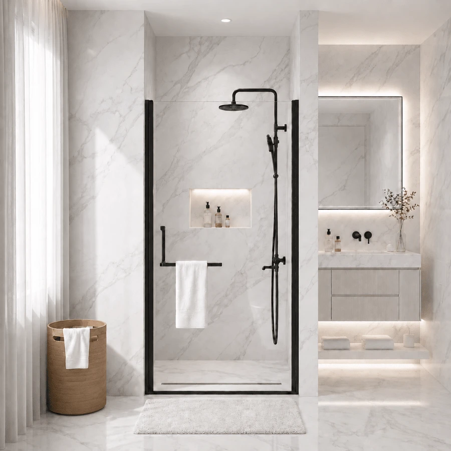 32-33.2" X 72" Semi-Frameless Pivot Shower Door 6mm 1/4" Tempered Glass 1.2inch Adjustable Width Reversible Installation Matte Black - Black + Glass + Aluminium1 - View 1
