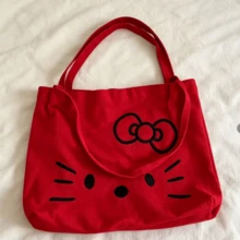 SANRIO حقيبة قماشية بطبعة قطة كرتونية لطيفة، حقيبة كتف نسائية بسعة كبيرة وكاجوال، حقيبة توت عصرية متعددة الاستخدامات - مشاهدة 4