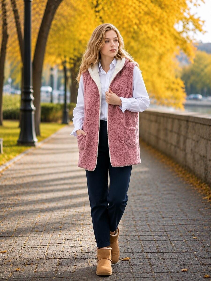 Women's Winter Fleece Vest With Reversible Hood. - Taro Purple - View 1