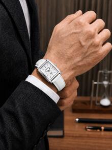 1 pieza Reloj de cuarzo con correa de cuero PU y esfera cuadrada para hombre, caja de acero inoxidable, reloj de moda empresarial para hombre, estilo casual de negocios diario, regalo de Navidad, regalo de aniversario para hombre - Blanco - Ver 4