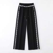 JUTUQU Spring Autumn Winter Lace Patchwork Black Casual Pants Women Spring Elastic Waist Ins Korean Style Chic Sweet Cool Ruffle Sweatpants Commute Outfit - Black - View 6