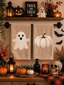 2pcs Halloween Pumpkin & Ghost Pattern Kitchen Towels, Halloween Home Decor Towels, Halloween Kitchen Decor Towels, Cute Style, Microfiber Material, Rectangular, 40*60 CM, Suitable For Home Autumn Kitchen Decor, Outdoor Party Activities, Halloween & Thanksgiving Holiday Gifts - Multicolor - View 5