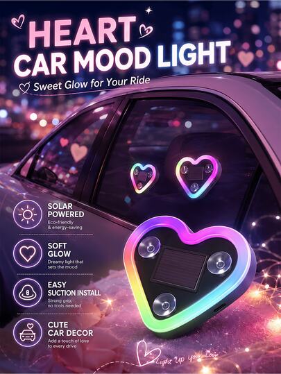 1pc Solar Heart-Shaped LED Car Atmosphere Light, USB Neon Heart Light, Suitable For Car Interior Decoration, Cute And Interesting, No Wiring Required, Automatic Night Lighting, Portable Christmas Gift, Adds Warm Atmosphere To Car Or Home, 300mAh Battery