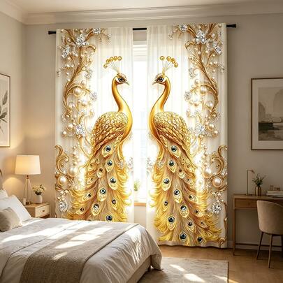 2 piezas Cortinas con estampado de pavo real moderno, 100% poliéster, lavables a máquina, diseño de bolsillo para barra, 90-100 G/M², adecuadas para dormitorio, oficina, cocina, sala de estar, estudio y otras escenas de decoración - Decoración elegante para el hogar (barra de cortina no incluida), buena permeabilidad a la luz, estampado plano 2D
