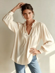 European & American Spring/Autumn Women's New V-Neck Ruffle Puff Long Sleeve Loose Casual Blouse Top - Apricot - View 5