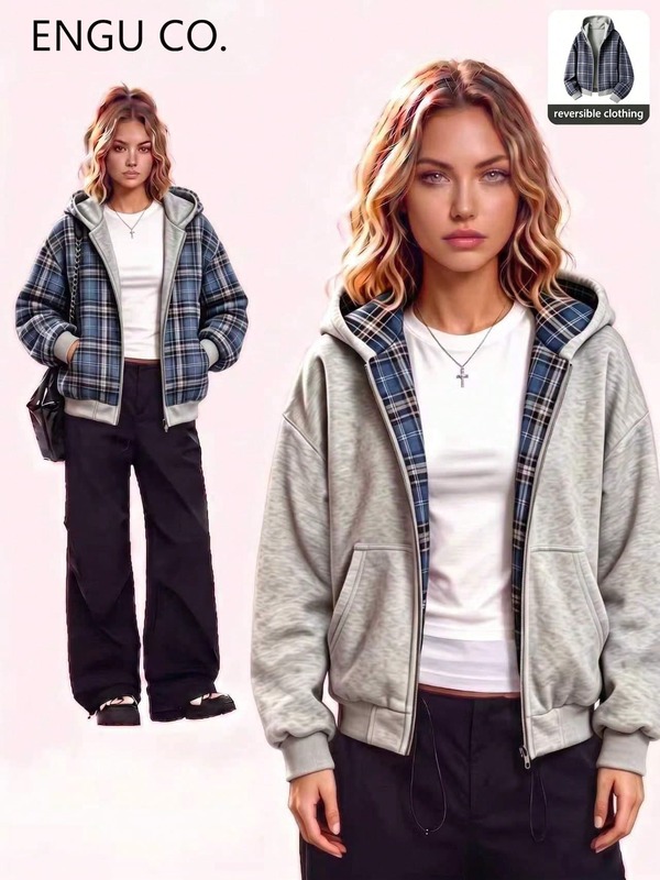 ENGU CO. Sweat-shirt-shirt zippé réversible pour femmes, veste courte à capuche avec doublure à carreaux double face, Sweat-shirt-shirt streetwear décontracté ample à manches longues