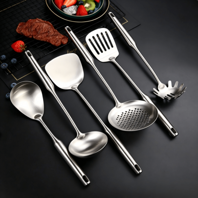 One-Piece Molded Stainless Steel Spatula Set, Including Cooking Spatula, Slotted Spatula, Soup Ladle, Pasta Strainer, Skimmer And Wok Spatula, Matched With A Vertical Rotating Storage Rack, Heat-Resistant Handles, Kitchen Cooking Utensil Set