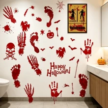 4Sheets37pcs-Halloween Window Stickers Easy To Tear And Stick No Trace Double-Sided Window Stickers-Blood Handprint Footprint, Matching Skull Ghost Pumpkin Head Bat Spider Web Patterns - Sticker - View 2