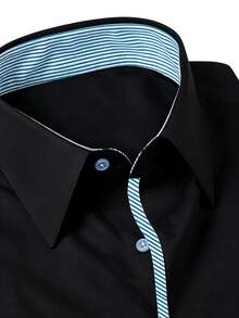 Men's Minimalist Commuter Color Block Striped Print Front Button Long Sleeve Shirt - Black - View 5