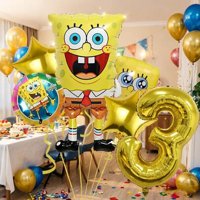 SpongeBob SquarePants New SquarePants Theme Multi-Piece Birthday Set Paper Card Foil Balloon Event Scene Decoration, Party, Gathering, Birthday Party Decoration Set