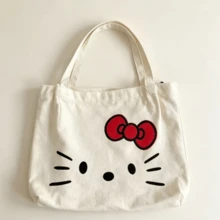 SANRIO حقيبة قماشية بطبعة قطة كرتونية لطيفة، حقيبة كتف نسائية بسعة كبيرة وكاجوال، حقيبة توت عصرية متعددة الاستخدامات - مشاهدة 5