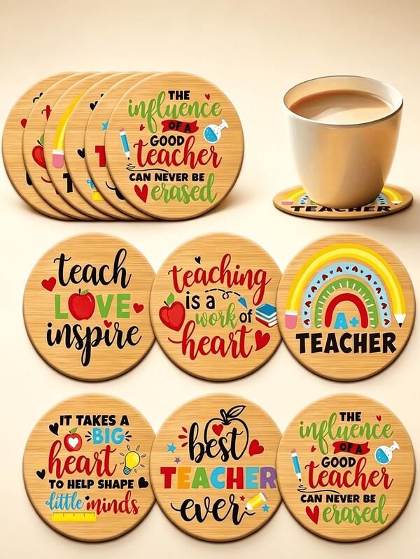 6/1pc Round Wooden Coasters, Exclusive Teacher Appreciation Theme Design, Non-Slip Tabletop Protection Coasters, Combining Decorative And Gift Attributes Wooden Craft Coasters. Coasters Printed With Heartwarming Teacher Appreciation Text, Non-Slip Placemats, Kitchen Daily Essentials, Classic Round Style, Fashionable Home Decor, Perfect Gift For Teacher's Day And Thanksgiving. Non-Slip Kitchen Coasters, Also Suitable For Holiday Home Decor And Holiday Table Setting.
