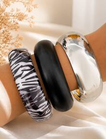 3pcs Chunky Bangle Bracelet Set For Women, Zebra Print, Matte Black & Metallic Silver Bracelet Stack, Statement Summer Jewelry Accessories - one-size - View 6