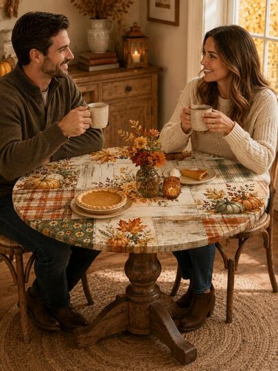 1pc Patchwork Plaid Fall Fitted Round Tablecloth - Pumpkin Daisy Maple Leaf Print, Elastic Edge Stretchy Table Cover For Farmhouse Thanksgiving Dining, Cozy Kitchen Brunch, Garden Party, Family Reunion & Holiday Home Decor