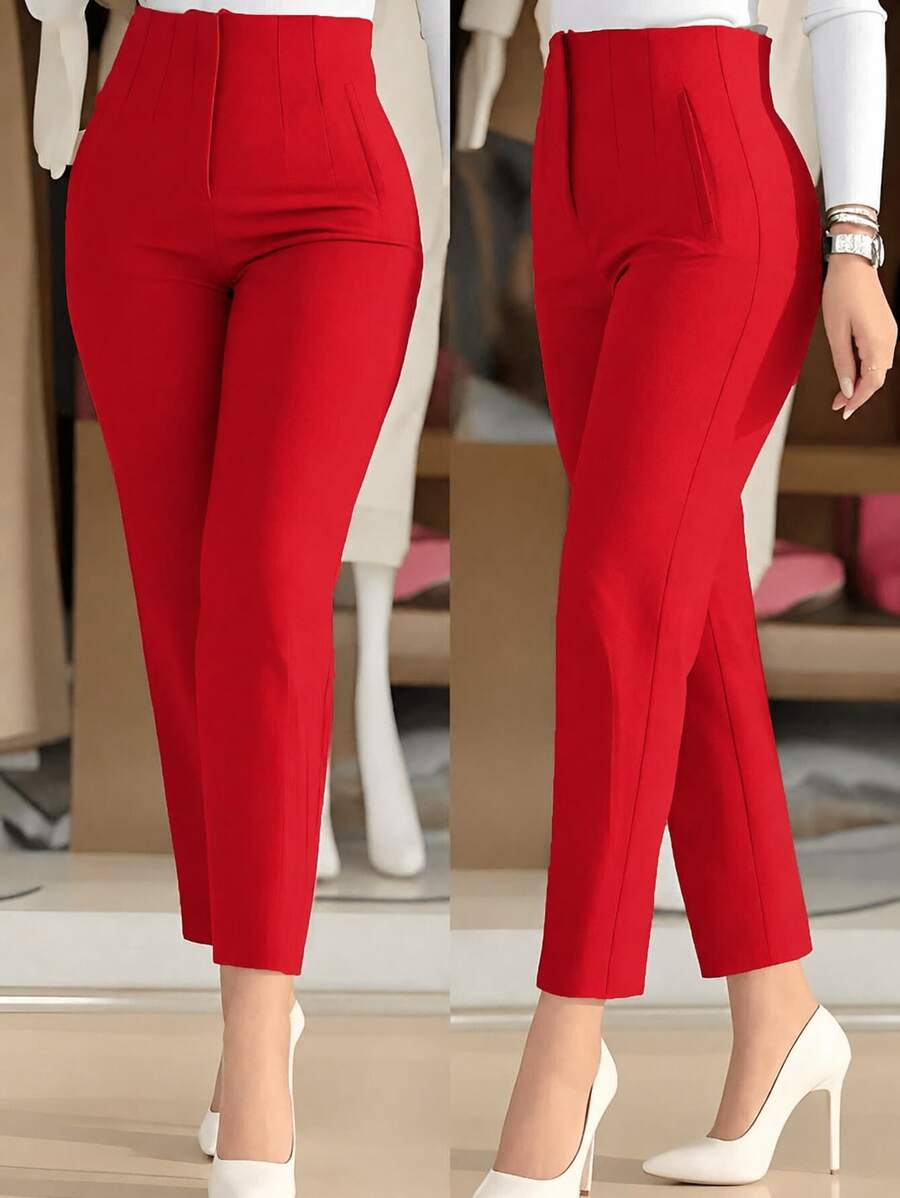 Pantalon de pinzas para mujer con tejido ligeramente elástico y diseño de cintura alta - Rojo - Ver 1