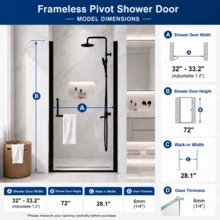 32-33.2" X 72" Semi-Frameless Pivot Shower Door 6mm 1/4" Tempered Glass 1.2inch Adjustable Width Reversible Installation Matte Black - Black + Glass + Aluminium1 - View 2