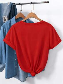 Women's 100% Cotton T-Shirt With Dalmatian Print, Dog Graphic With Red Polka Dot Bandana, Casual Loose Fit, Short Sleeve, Fun And Unique Gift For Dog Lovers - 紅色 - 查看 2