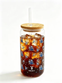 16oz MEOKY Patterned Glass Tumbler With Lid & Straw, Heat-Resistant Borosilicate Cup. Wide Mouth For Ice. Ideal Kitchenware For Home, School & Office Coffee. A Charming Gift For Her. - Dark Blue Small Blue Flower - View 2