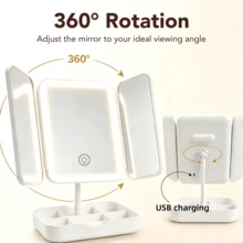 LED 3-Fold Makeup Mirror, 2X/3X Real Magnification, 3 Lighting Modes, Foldable Storage, Rotating Vanity Mirror With Storage Base, Touch Control, USB Rechargeable, Suitable For Makeup/Office/Bedroom - Multicolor - View 9