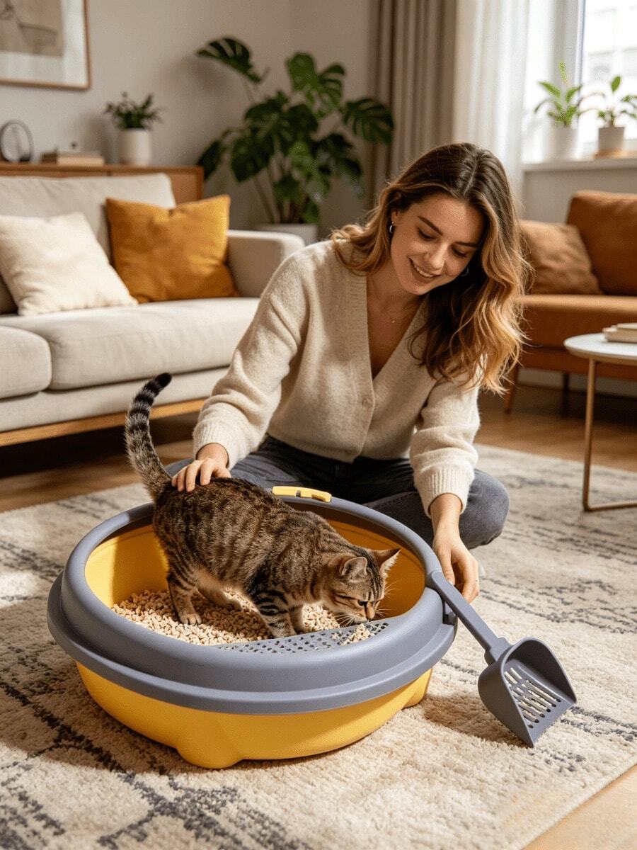 Semi-Enclosed Splash-Proof Litter Box Available In Three Colors, Equipped With A Sand-Leaking Pedal And Matching Litter Scoop, Easy For Cats To Enter And Exit, Simple To Clean, And Versatile For All Home Styles - one-size - View 1