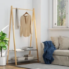 Perchero con 2 estantes, perchero con barra para colgar ropa resistente, armario con zapatero, para pasillo, dormitorio, armario abierto. Perchero de bambú, tendedero con barra para colgar ropa - Color natural - Ver 4