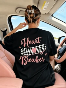 Damen Sommer Heart Breaker Checkerboard Skateboard Herz-Rücken-Muster Locker Sitzendes T-Shirt, Niedliches Cooles Y2K Street Style Loose Fit Rosa Casual Vintage Streetwear Grafik-T-Shirt - Schwarz - Übersicht 1