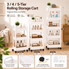3/ 4/ 5-Tier Rolling Storage Cart With Black Wheels, Slim Mobile Utility Organizer Cart, Space Saving Storage Rack With Handle, Lockable 360° Casters For Bathroom, Kitchen, Laundry Room, Office, Living Room - White - View 6