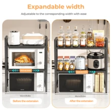 3/2 Tier Expandable Microwave Oven Rack, Heavy Duty Extendable Microwave Shelf Stand With 6 Hooks, Height Adjustable Kitchen Counter Organiser Toaster Baker's Rack (Black) - Black - View 8