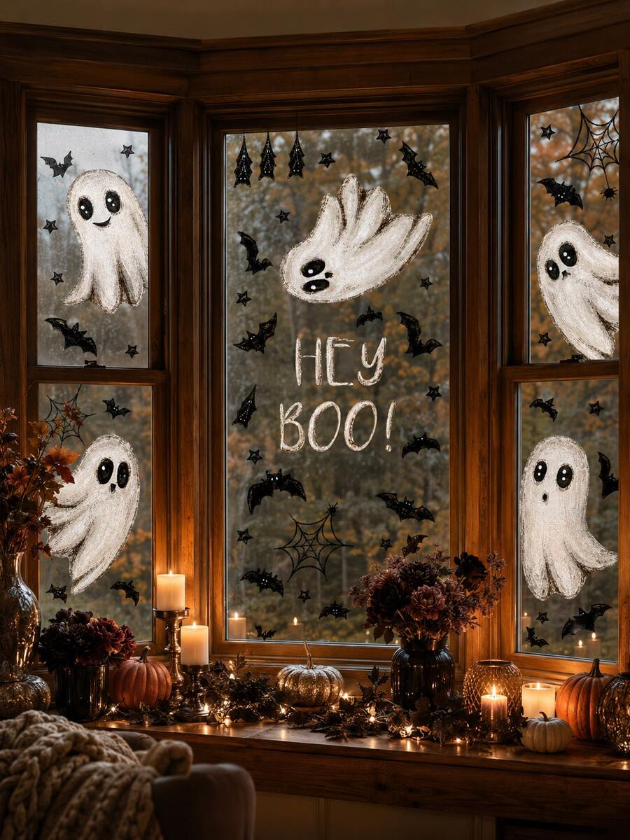 6pcs Halloween Vintage Ghost & Bat Static Window Clings, 22*30cm Glue-Free Reusable Glass Stickers For Windows, Glass Doors, Home, Party And Store Window Decoration - Halloween - View 1