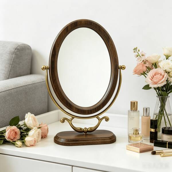 1 Stück Holz-Make-up-Spiegel, ovaler Luxus-Vintage-Tischspiegel aus Walnussholz, Holztextur, exquisiter Schönheitsspiegel für Schlafzimmer-Frisiertisch