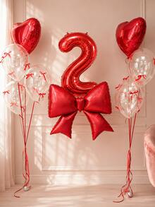 32pcs/Set Birthday Balloon Set, Large Red Bow Foil Balloon, Giant Red 0-9 Birthday Number Balloon, 18-Inch Red Heart Balloon, Transparent Latex Balloon, Suitable For Birthday Party, Anniversary Decoration - Red Heart Style - View 3
