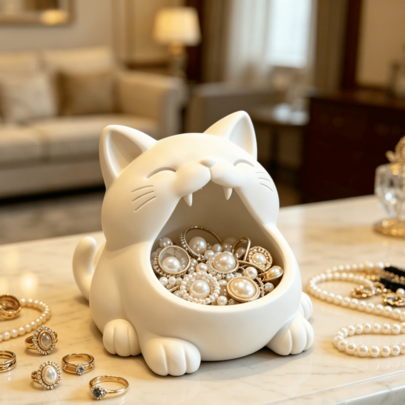 3D Printed Yawning Cat Bowl Storage Box - Cute Desktop Vanity Decor Jewelry Box, Creative Cat Shaped Storage Ornament