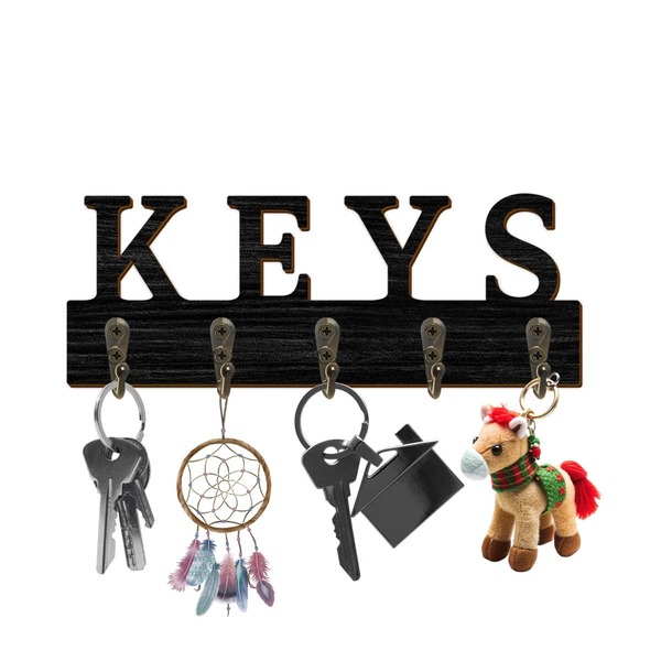 1 móc treo tường gỗ trang trí "KEYS" cho lối vào, giá treo chìa khóa tinh tế, phụ kiện trang trí phòng cho nhà ở, phòng tắm, bếp, phòng ngủ, có thể treo đồng hồ, quần áo, chìa khóa, kính, gồm 5 móc