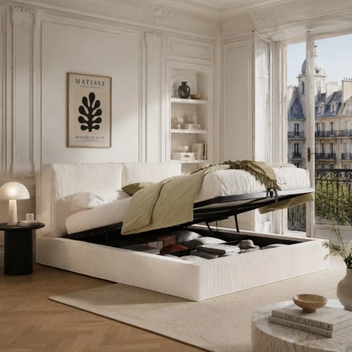 Upholstered Bed, Double Bed, 180 X 200cm, Hydraulic Functional Bed, Bed With Slatted Frame, Headboard - Beige - View 1