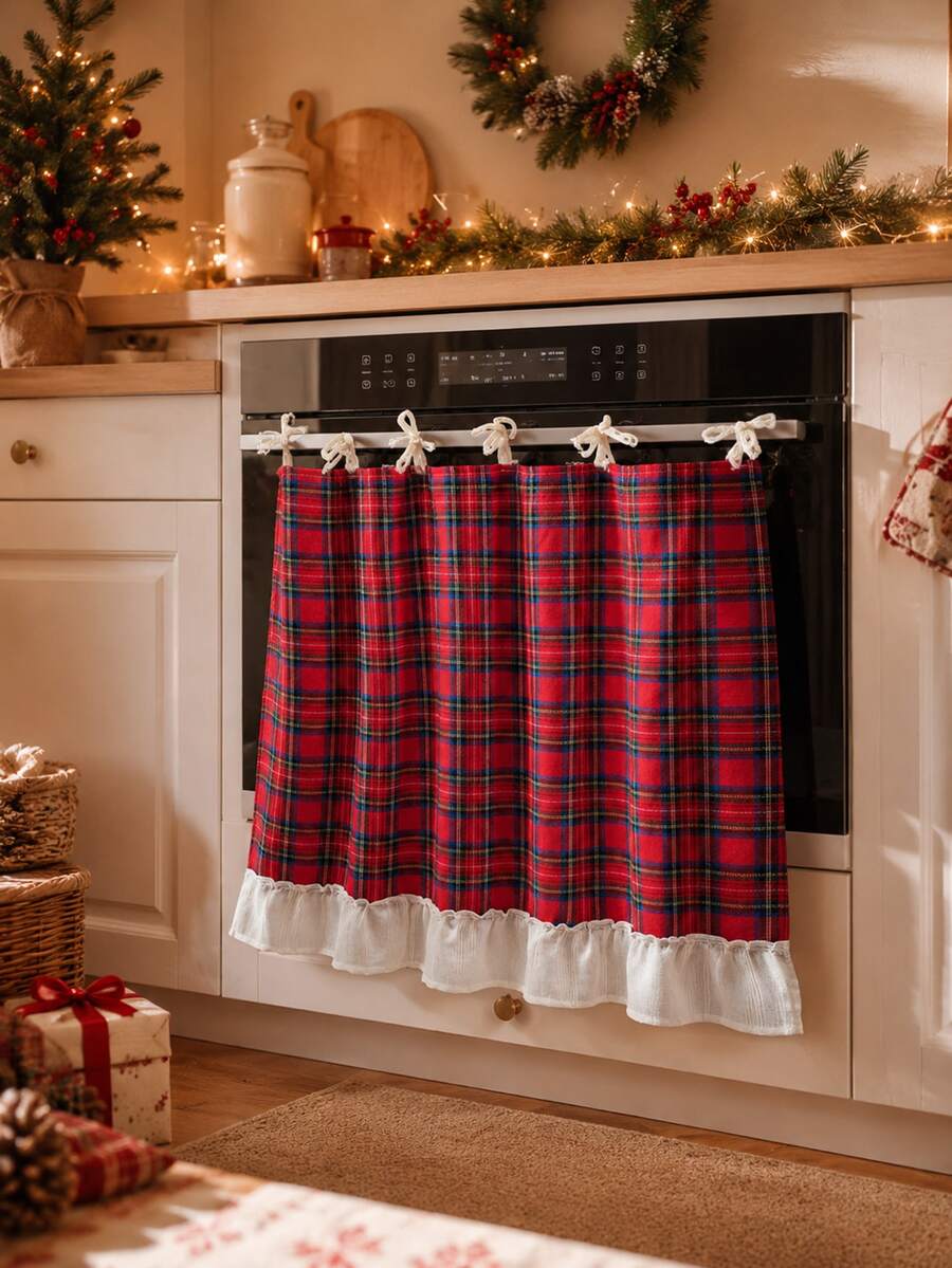 Christmas Plaid Oven Door Cover With Scalloped Edge, Red Tartan Pattern Stove Handle Towel Curtain, Farmhouse Style Holiday Kitchen Decor, Suitable For Oven, Dishwasher, Cabinet, 30 X 21.3 Inches