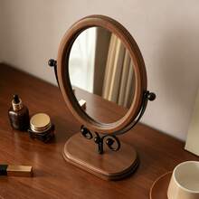 1pc Vintage Wooden Makeup Mirror, Bedroom Tabletop Mirror, Chinese Style Standing Rotatable Vanity Mirror For Home - Multicolor - View 9