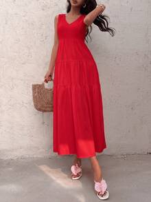 Women's Summer Red Casual Tiered Maxi Dress, V-Neck Sleeveless Fold Loose Fit A-Line Dress,For CoffeeDates,BeachTrips,Travel Summer Dresses For Women - Red Beach Vacation Style - View 6