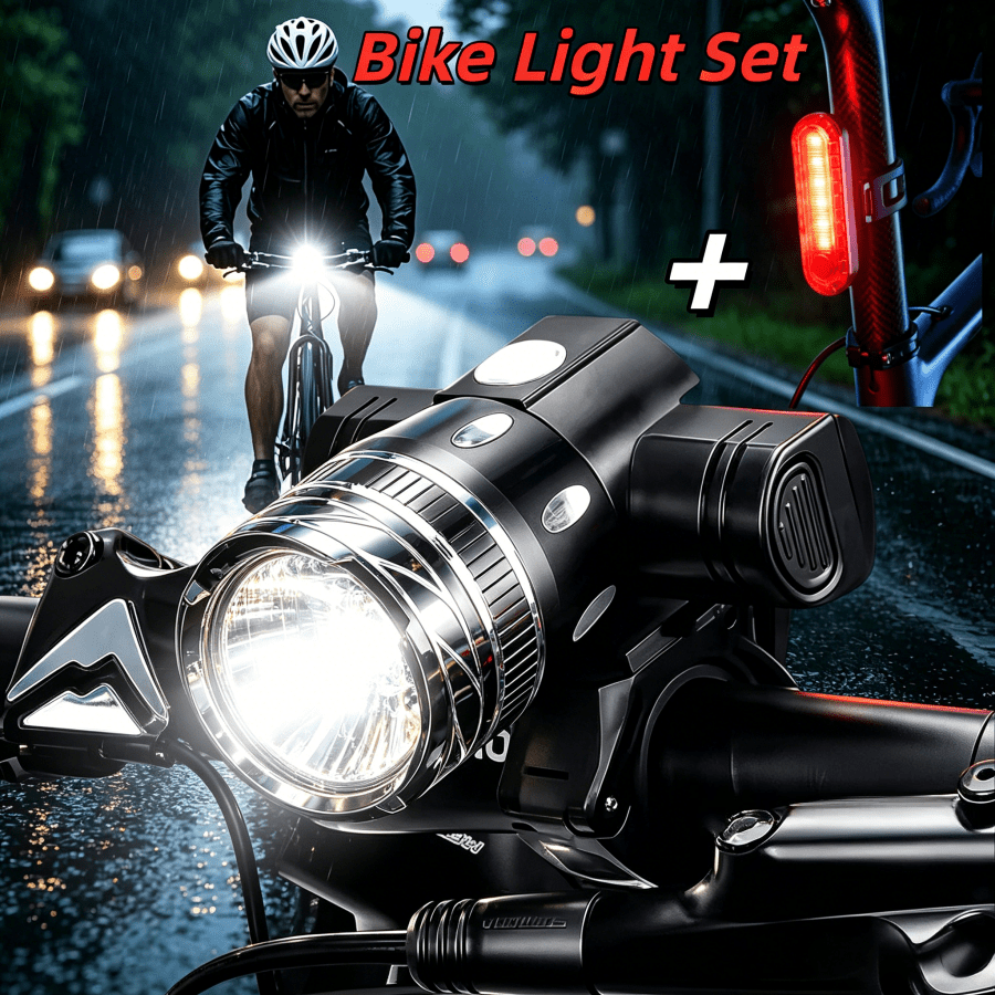 USB Rechargeable Bicycle Front & Rear Light Set, Focusable 3-Mode Headlight, 4-Mode Warning Taillight, Long Range Longlasting, Compact, Universal For Mountain & Road Bikes, Night Cycling Outdoor Riding Gear