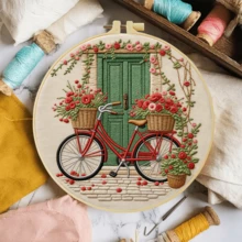 1套手工DIY刺繡套件，20x20cm/7.9x7.9英吋，花卉單車圖案，包含刺繡布料、說明書、刺繡框、針線，適合作為送給朋友或家人的節日禮物，居家與辦公室手工藝術 - A - 查看 5